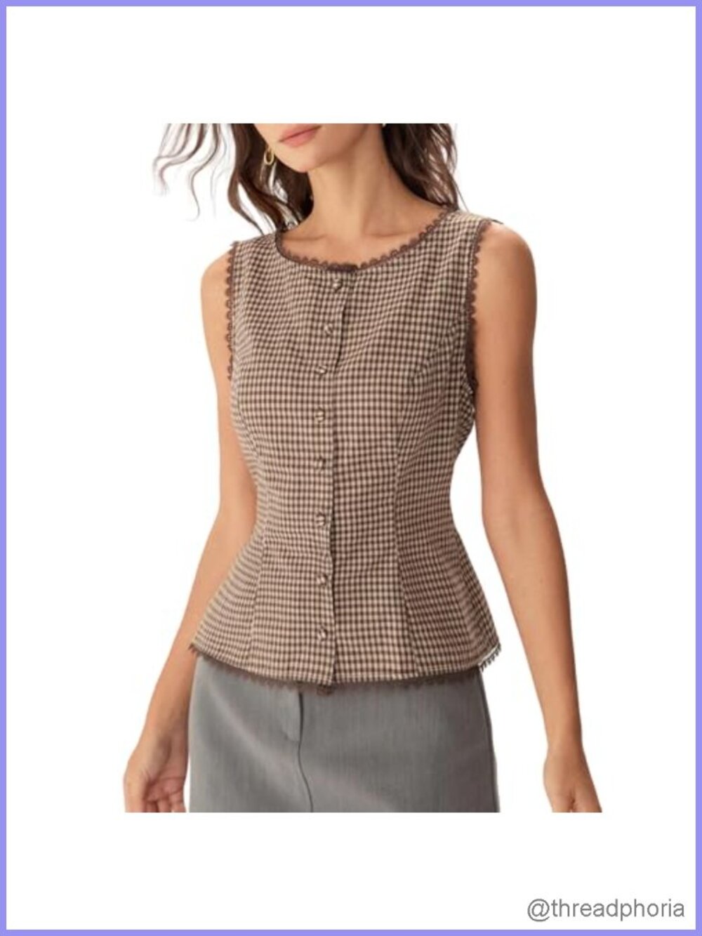 Plaid Button Tank Top Sleeveless Lace Trim Womens Y2k Tweed